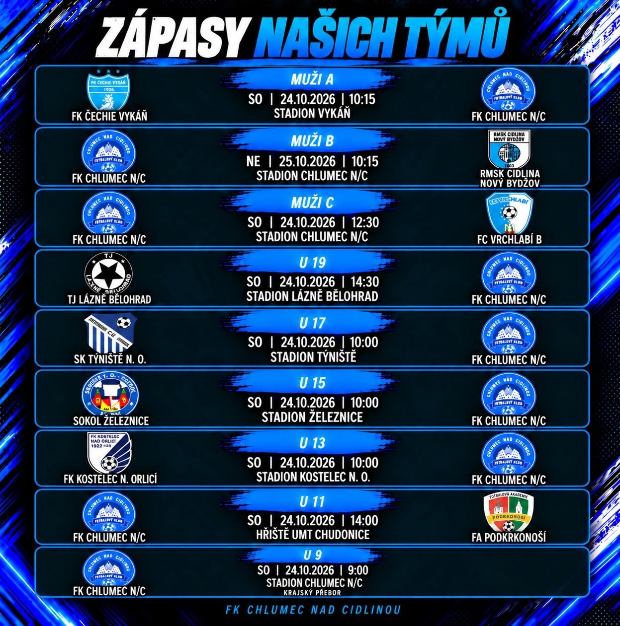 VÍKENDOVÝ PROGRAM FK CHLUMEC NAD CIDLINOU